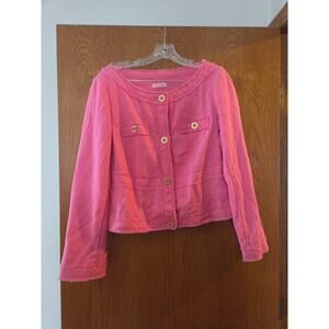 Lilly Pulitzer Millie Jacket Pink Gold Button Fringe Linen Blend EUC Medium READ